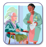 Eine �rztin spricht mit einer Frau im Altersheim