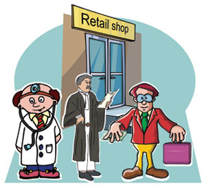  images of doctor, lawyer, businessman, and retail outlet.