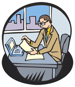Employee: Graphic of a person working at his desk.