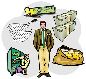 a person in the center of images of a checkbook, currency , coins, and a bank locker,.