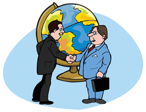 Two people shaking hands with a globe in back of them.