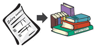 a graphic of salary slip with an arrow to a sales journal.