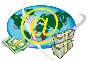 a globe representing the Internet in the background and currency notes