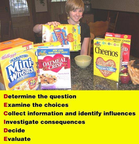 A person sitting at a table with several cereal boxes