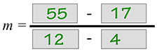 m equals the fraction with numerator 55 minus 17 and denominator 12 minus 4