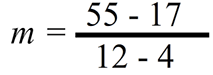 m equals the fraction with numerator 55 minus 17 and denominator 12 minus 4