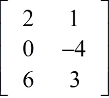 the 3 by 2 matrix Row-: 1 2 1 Row-: 2 0 negative 4 Row-: 3 6 3