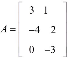 A equals the 3 by 2 matrix Row-: 1 3 1 Row-: 2 negative 4 2 Row-: 3 0 negative 3