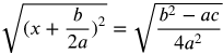 the square root of open paren x plus b over 2 a close paren squared equals the square root of the fraction with numerator b squared minus a c and denominator 4 a squared
