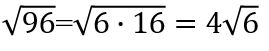 the square root of 96 equals the square root of 6 times 16 equals 4 the square root of 6