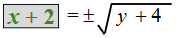 x plus 2 equals plus or minus the square root of y plus 4