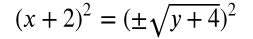 open paren x plus 2 close paren squared equals open paren plus or minus the square root of y plus 4 close paren squared