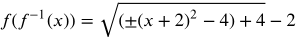 f of f inverse of x equals the square root of open paren plus or minus open paren x plus 2 close paren squared minus 4 close paren plus 4 minus 2