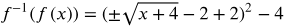 f inverse of f of x equals open paren plus or minus the square root of x plus 4 minus 2 plus 2 close paren squared minus 4