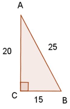 Triangle A C B, A B equals 25. A C equals 20. C B equals 15. Angle C measures 90 degrees.