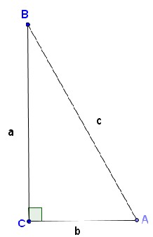 Triangle ACB, Segment A B is labeled c. Segment A C is labeled b. Segment C B is labeled a. Angle C measures 90 degrees.