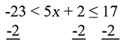 - 23 is less than 5x + 2 is less than or equal to 17.  Subtract 2 from all sides.