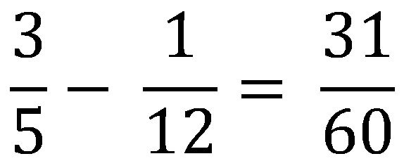 3 over 5 minus 1 over 12 equals 31 over 60 (3/5+1/12=31/60)