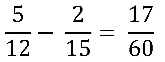 5 over 12 minus 2 over 15 equals 17 over 60 (5/12+2/15=17/60)