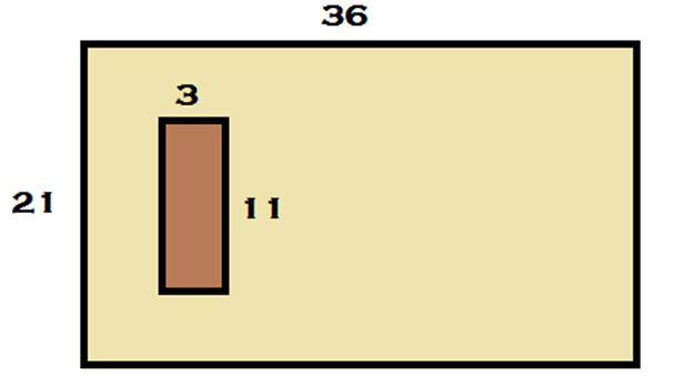 floor measurements length = 36 width = 21 with a center island measureing length = 11 and width = 3