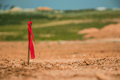 red marker flag on stake in ground to mark property