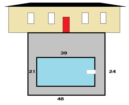 backyard of house with concrete measurements 48 feet long and 24 feet wide and the pool measurements 39 feet long and 21 feet wide