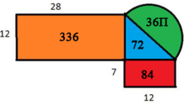 Smaller shapes that make up the bigger irregular shape with measurements being 28, 12, 7, 12, and green semi circle is 36 pi.