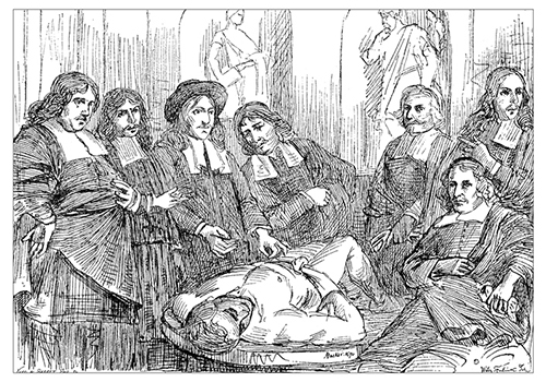 Antique illustration of 17th century anatomy lesson