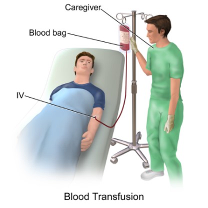 caregiver administering a blood transfusion to a patient