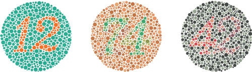 The figure includes three large circles that are made up of smaller circles of varying shades and sizes. Inside each large circle is a number that is made visible only by its different color. The first circle has an orange number 12 in a background of green. The second color has a green number 74 in a background of orange. The third circle has a red and brown number 42 in a background of black and gray.