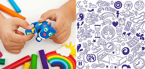 hands playing with playdough and purple doodles
