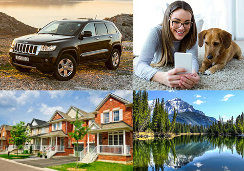 a nature scene, a jeep on a mountain, a girl taking a selfie with her dog, and a row of houses