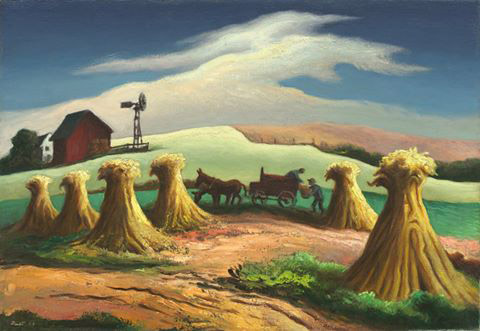 A painting of a farm.