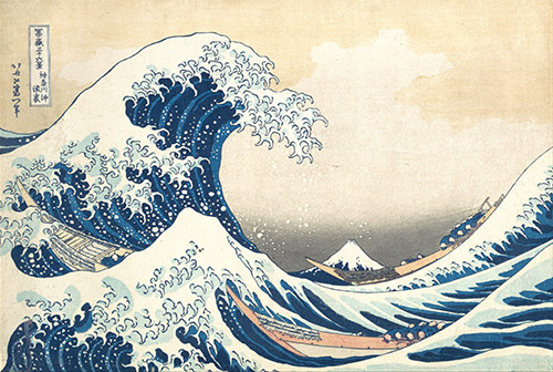 A drawing of a wave with boats going into them.