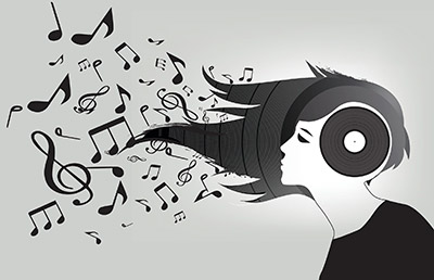 A drawing of a girl listening to music.