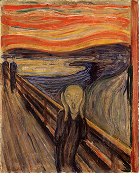 A painting of a figure with a terrified expression like he is screaming.
