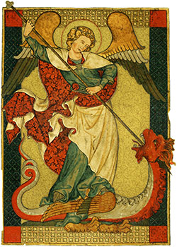 angel fighting a dragon in a medieval style painting 