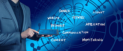 man tapping tablet with finger surrounded by the words: website, search, resource, network, account, application, communication, content, and monitoring
