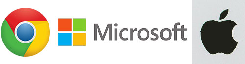 From left: Google Chrome logo, Microsoft logo, and Apple logo