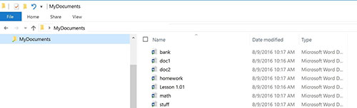 My Documents file explorer dialog box with a long list of document files named bank, doc 1, doc 2, homework, lesson 1.01, math, and stuff