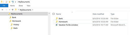 My Documents file explorer diaglog box with a folder named Bank, a folder named Homework, and a document named Vacation To Do List