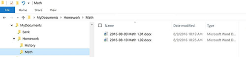 File explorer dialog box for My Documents, Homework folder, Math subfolder showing document files named 2016-08-09 Math 1.01 and 2016-08-10 Math 1.02