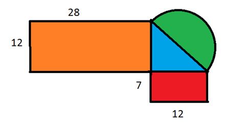 Smaller shapes that make up the bigger irregular shape with measurements being 28, 12, 7, and 12. 