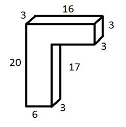 irregular three dimensional shape with sides measuring 3, 16, 3, 3, 17, 3, 6 and 20