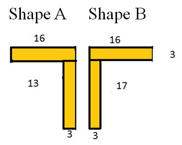  Shape A and B are the same. They split into smaller rectangles. The first rectangle measures 16 and 3. The second rectangle measures 17 and 3 