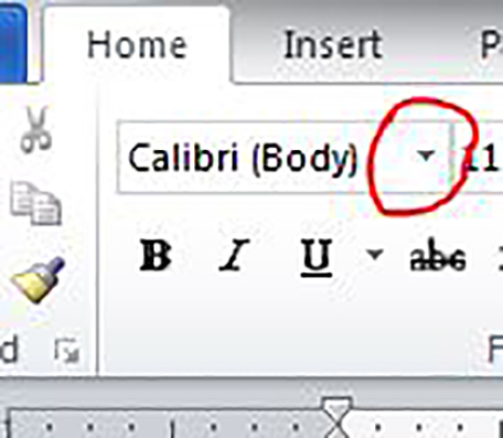 A red circle circles a arrow down next to the font.