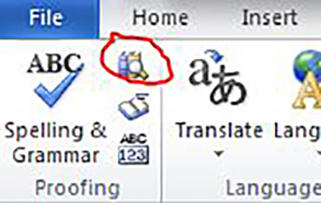 A red circle circles a button which shows a magnifying glass on top of two books. You can use this button to find thesaurus.