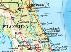 Partial map of Florida showing St. John's river, Jacksonville, Florida, St. Augustine, Daytona, and the Atlantic Ocean.