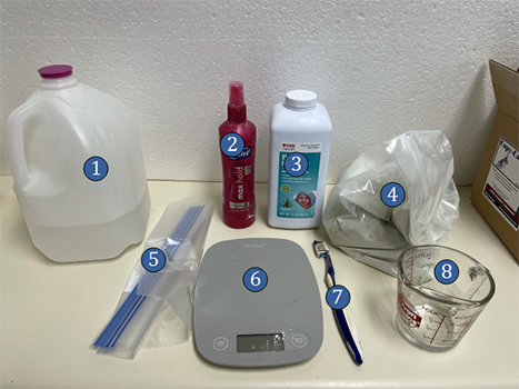 Lab equipment: 1. water 2. Hairspray 3. Baby Powder 4. Casting Material 5. Plastic Bag 6. balance 7. Brush 8. Measuring Cup