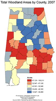 Total Woodlands Area by County, 2007 map
